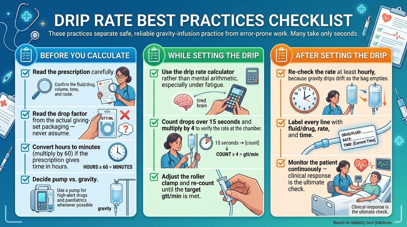 Drip rate calculation and IV safety best practices in a hospital setting