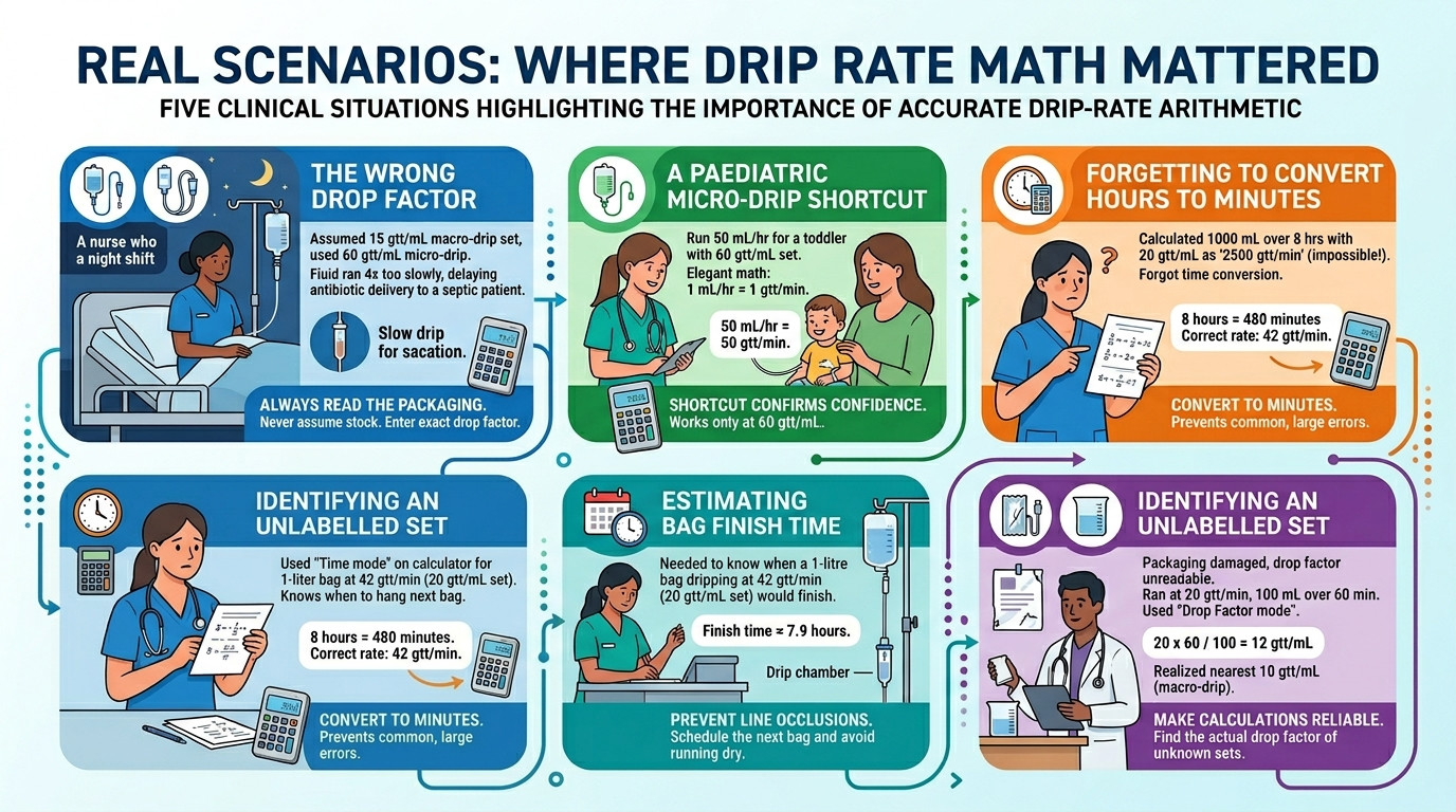 Nurse counting drops in an IV drip chamber to verify the drip rate