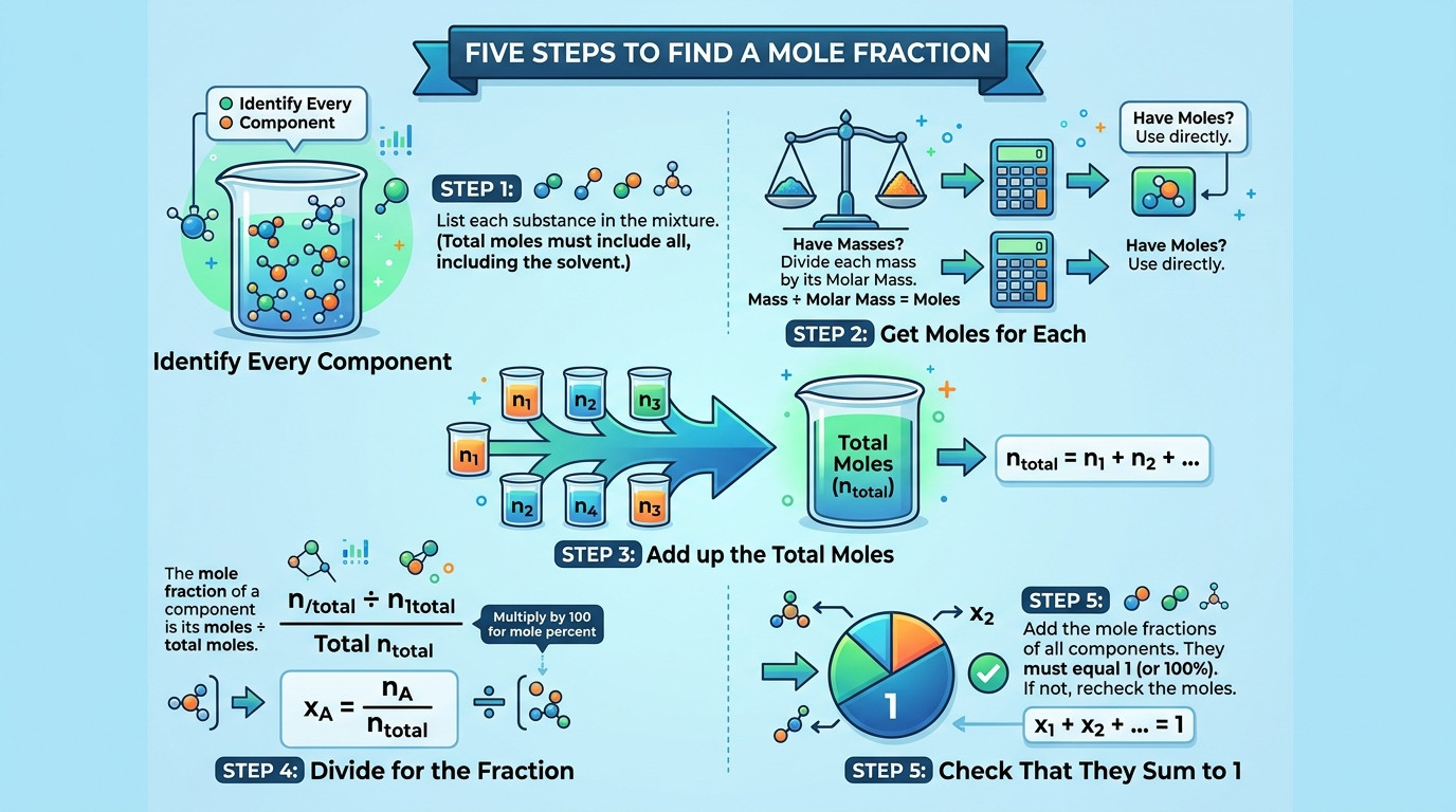 Mole fraction step by step showing moles of a component over total moles and the sum equals one rule