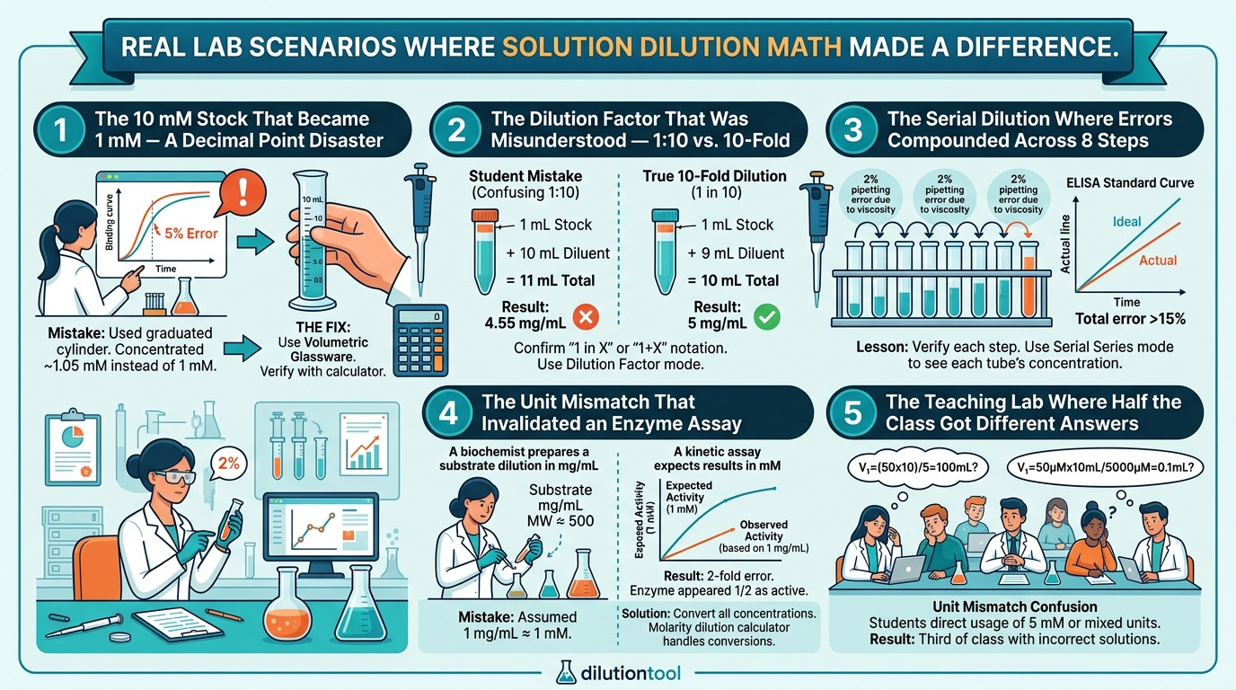 Solution dilution calculator real lab scenarios showing dilution errors and accurate calculations