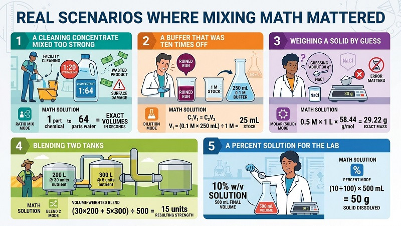 Real chemical mixing scenarios showing dilution blending and weighing of solids