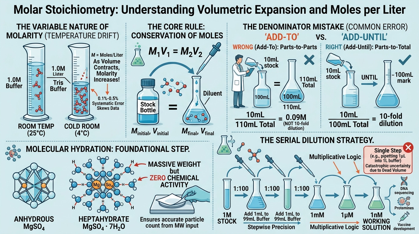 Professional chemist preparing a molar dilution using volumetric glassware
