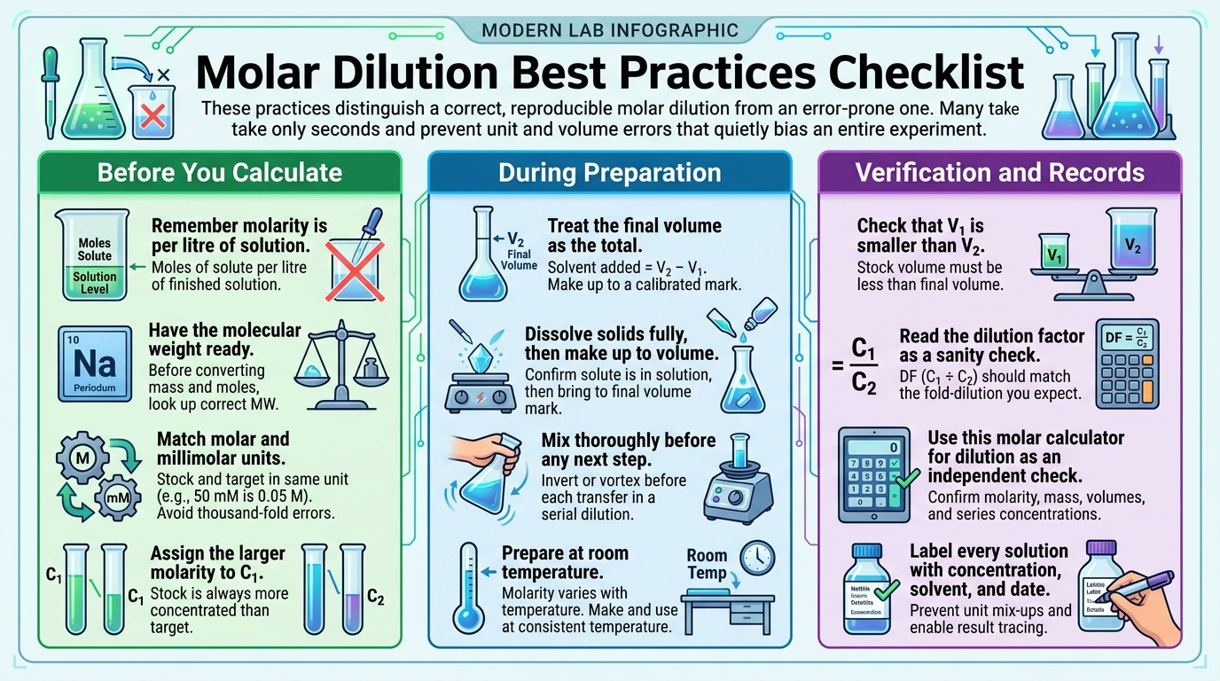 Molar dilution best practices checklist for accurate molarity and solution preparation