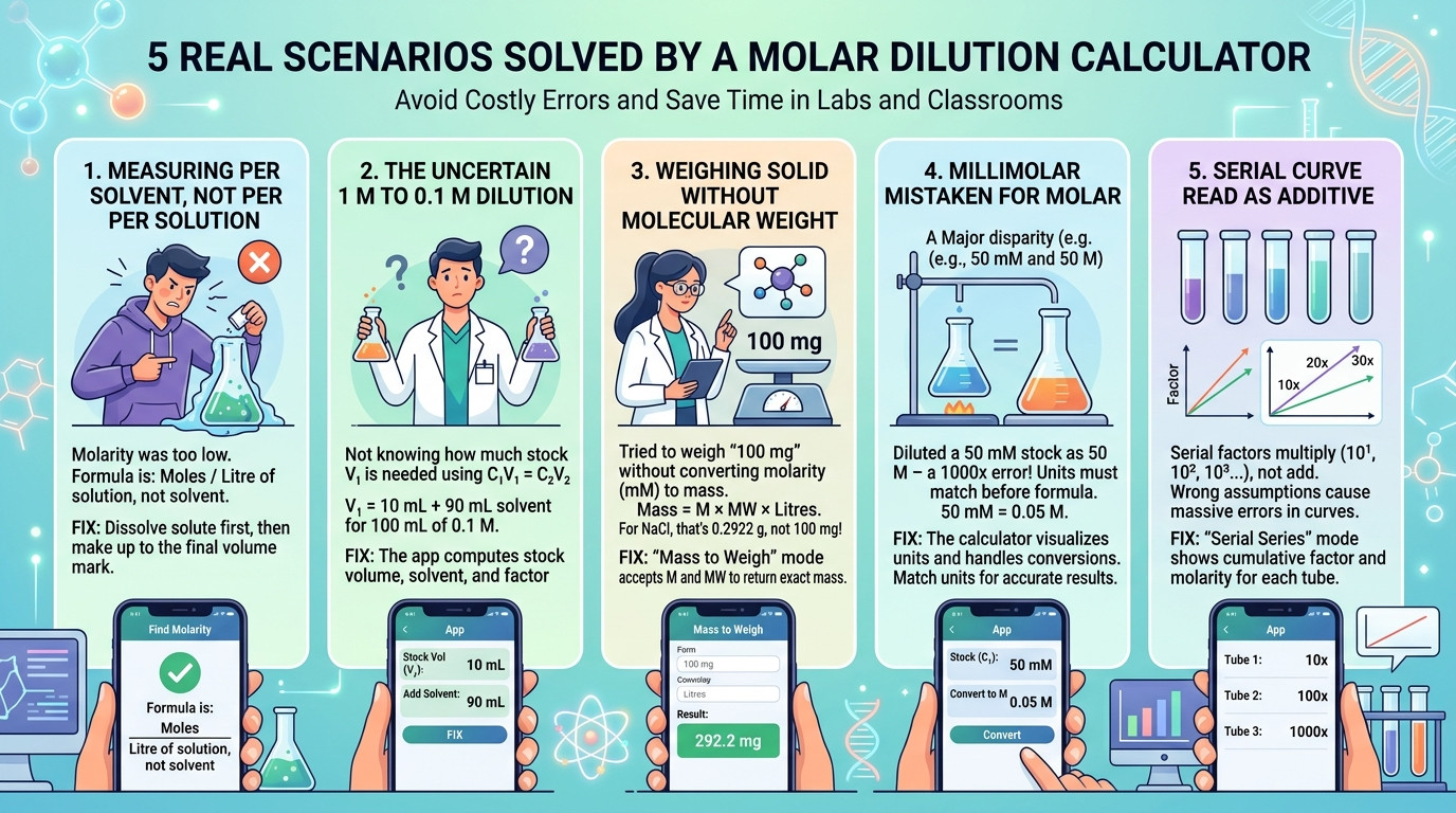 Molar dilution real scenarios showing molarity, stock dilution, and unit-matching situations