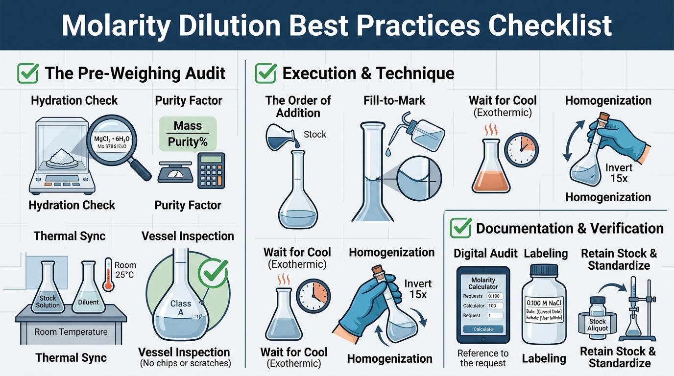 Checklist for accurate molarity preparation and laboratory standards