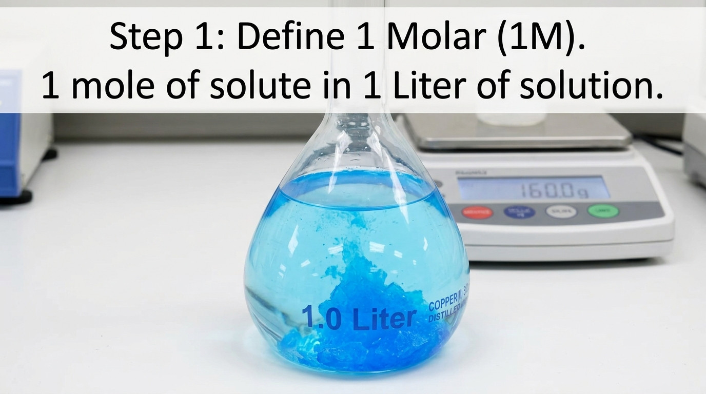 Molarity and dilution step by step showing moles per litre and the C1V1 equals C2V2 dilution equation