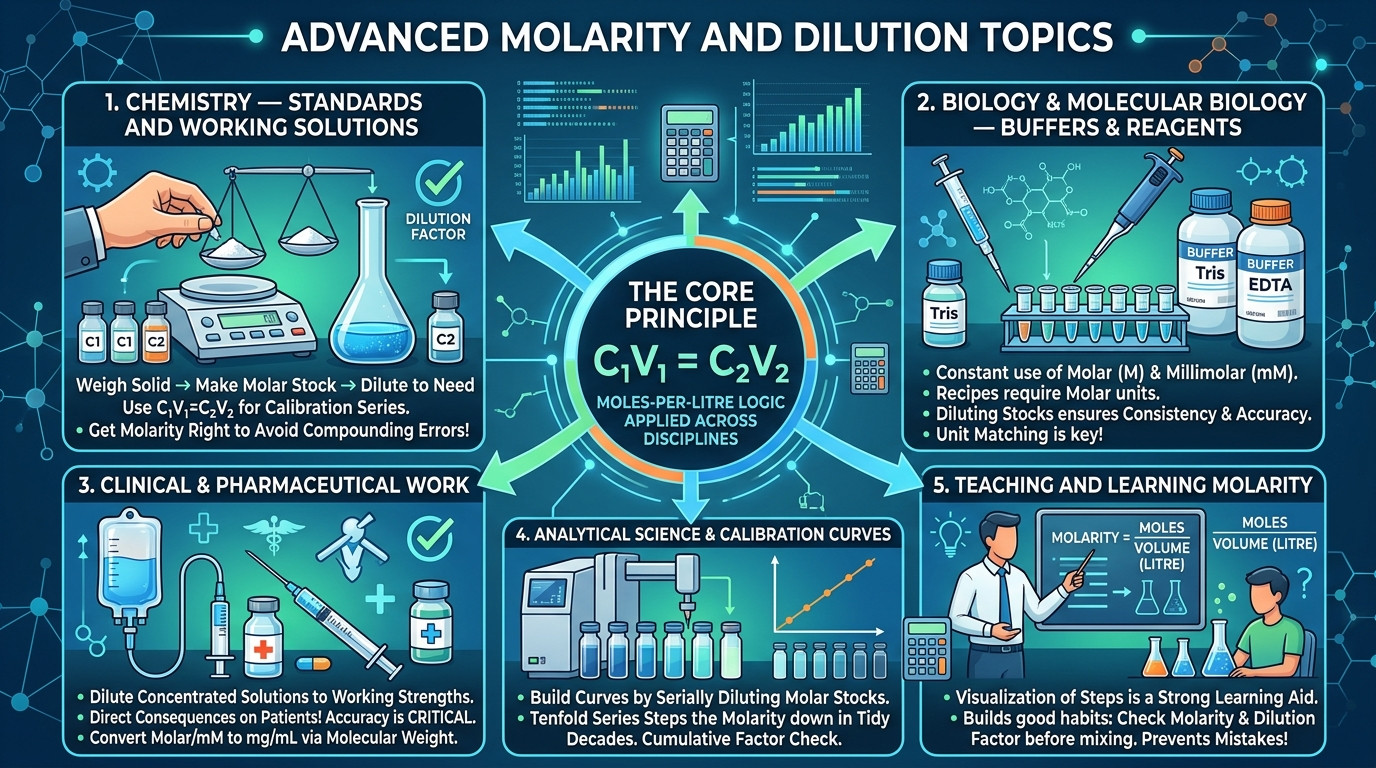 Molarity and dilution applications across chemistry, biology, clinical, analytical, and teaching settings
