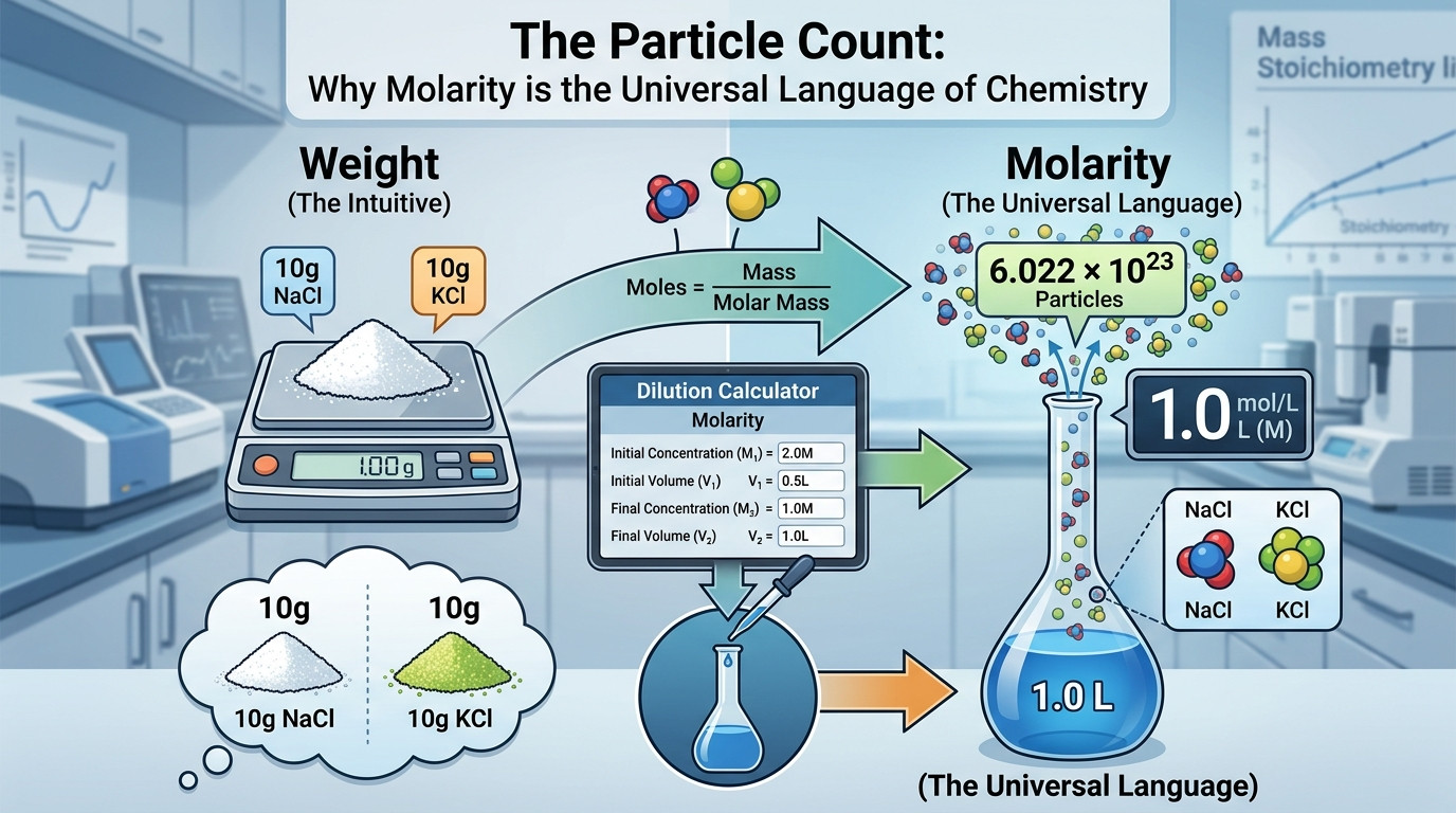 Dilution Calculator Molarity visualization showing molar concentration and particle count