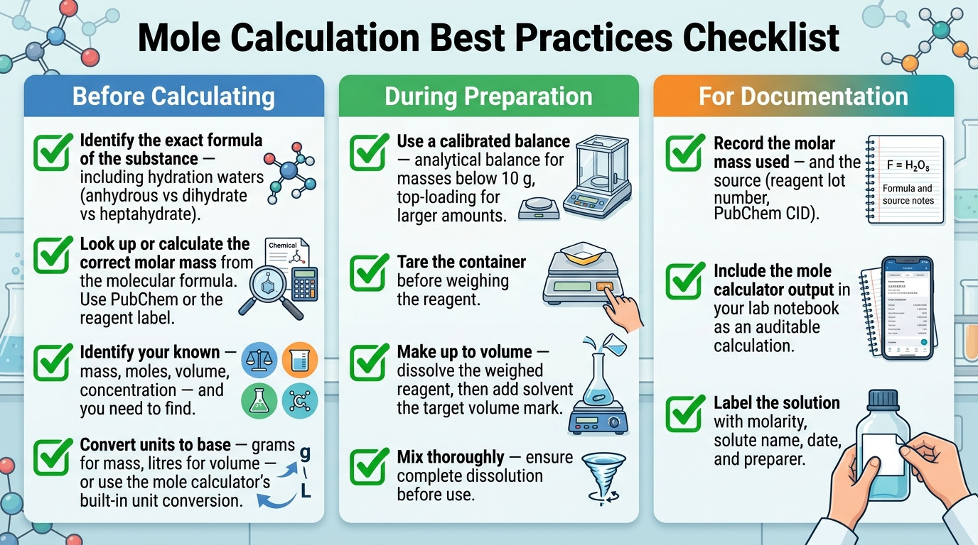 Mole calculation best practices with analytical balance and volumetric flask