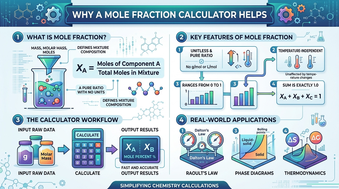 Mole fraction calculator visualization showing moles of a component over total moles in a mixture