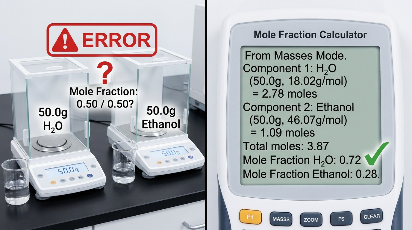 Mole fraction real scenarios showing mass-to-mole conversion, total moles, and mole percent situations