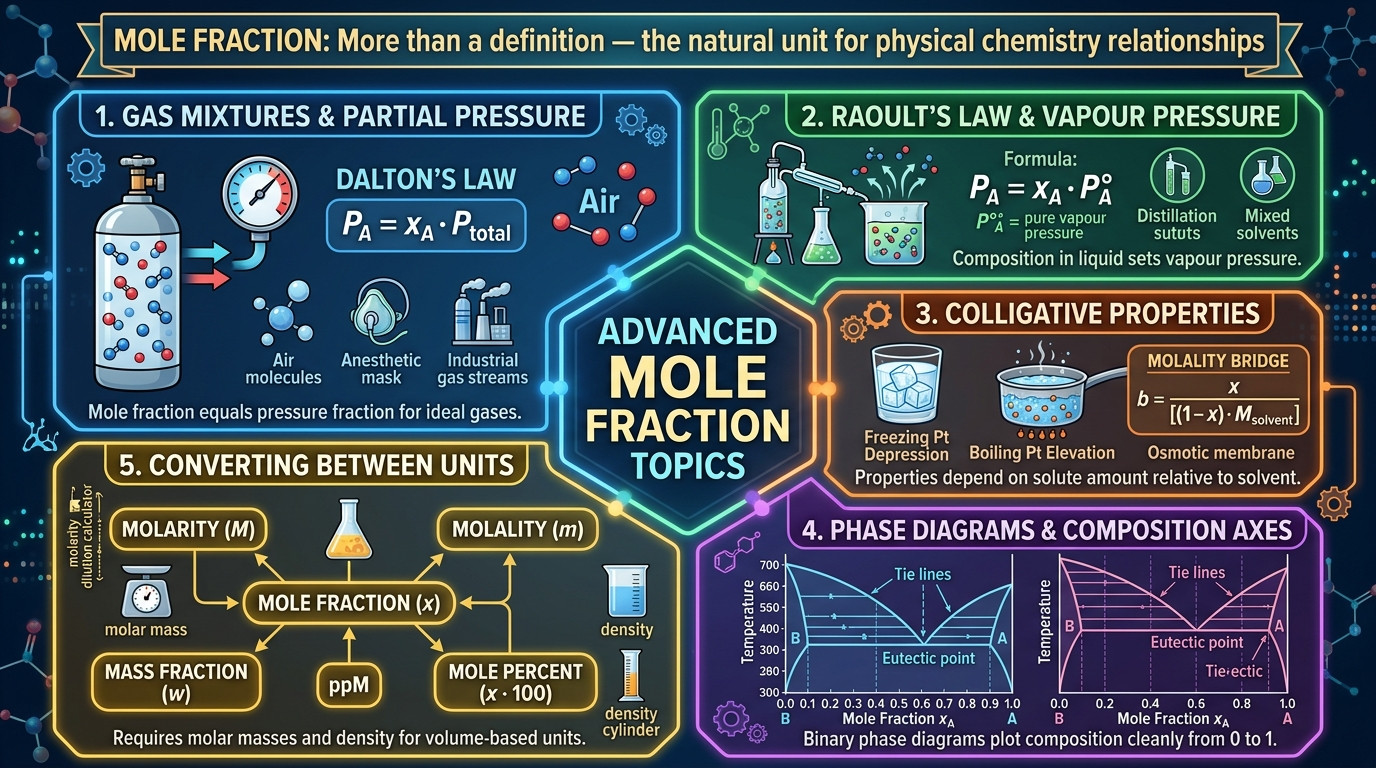 Mole fraction applications across gas mixtures, Raoult's law, colligative properties, phase diagrams, and unit conversion