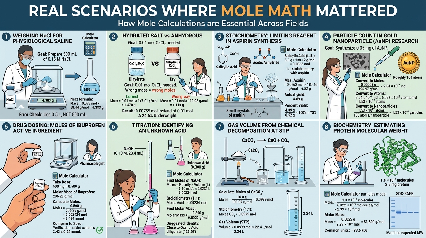 Real scenarios showing mole calculations in chemistry laboratory pharmacy and research