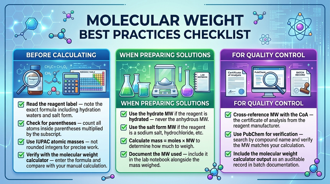 Molecular weight calculation best practices with periodic table and reagent bottles