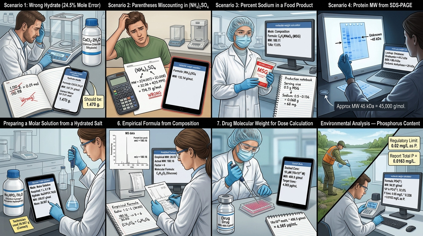 Real scenarios showing molecular weight calculations in chemistry pharmacy and environmental science