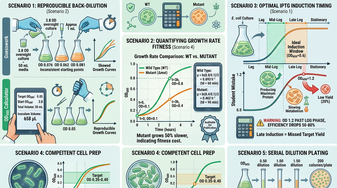 Real scenarios showing OD600 calculations in microbiology fermentation and molecular biology