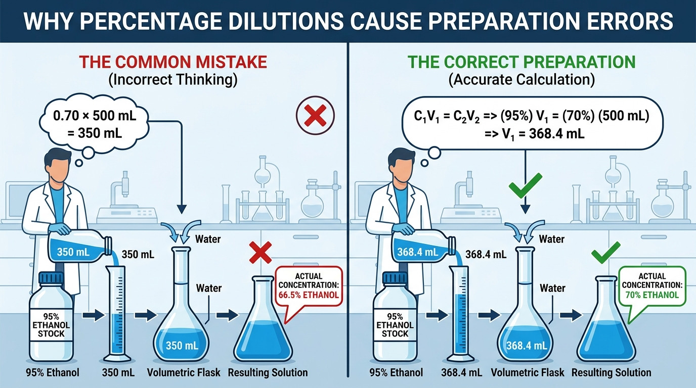 Dilution calculator percent showing ethanol bleach and acid percentage dilution workflow