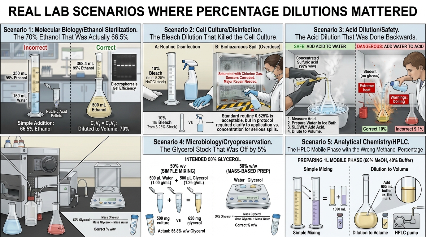Dilution calculator percent real scenarios with ethanol bleach acid and glycerol preparations