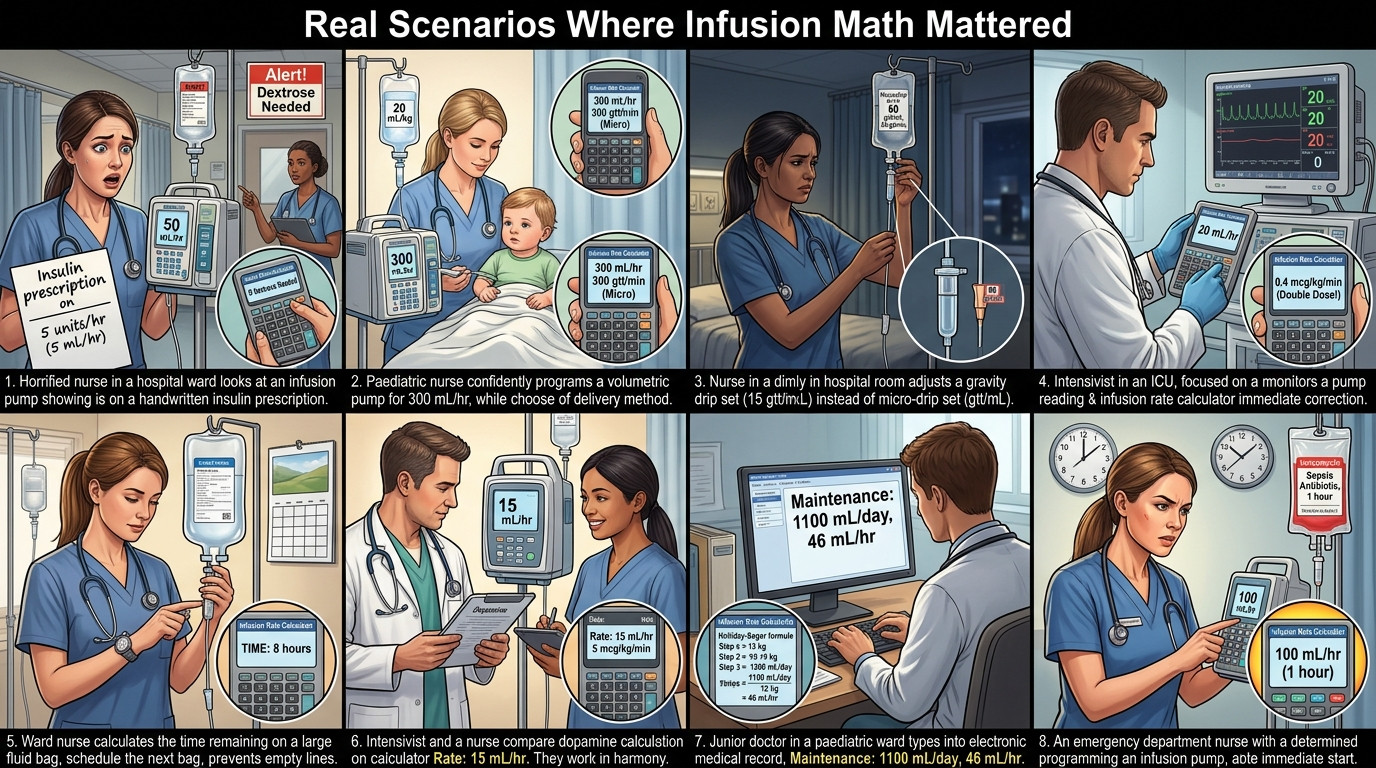 Nurse performing independent double-check of an IV infusion rate calculation