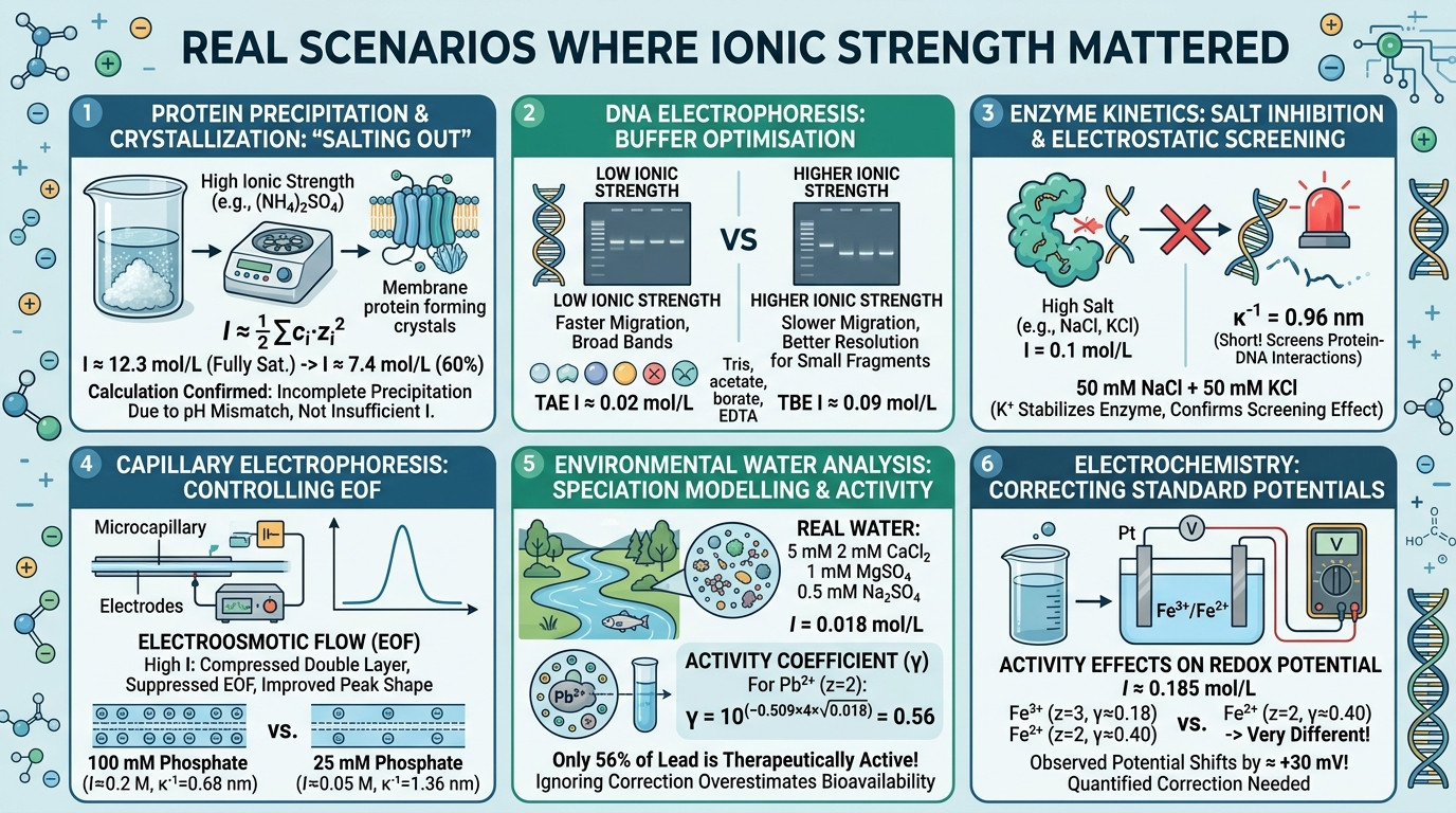 Real scenarios showing ionic strength calculations in biochemistry and analytical chemistry