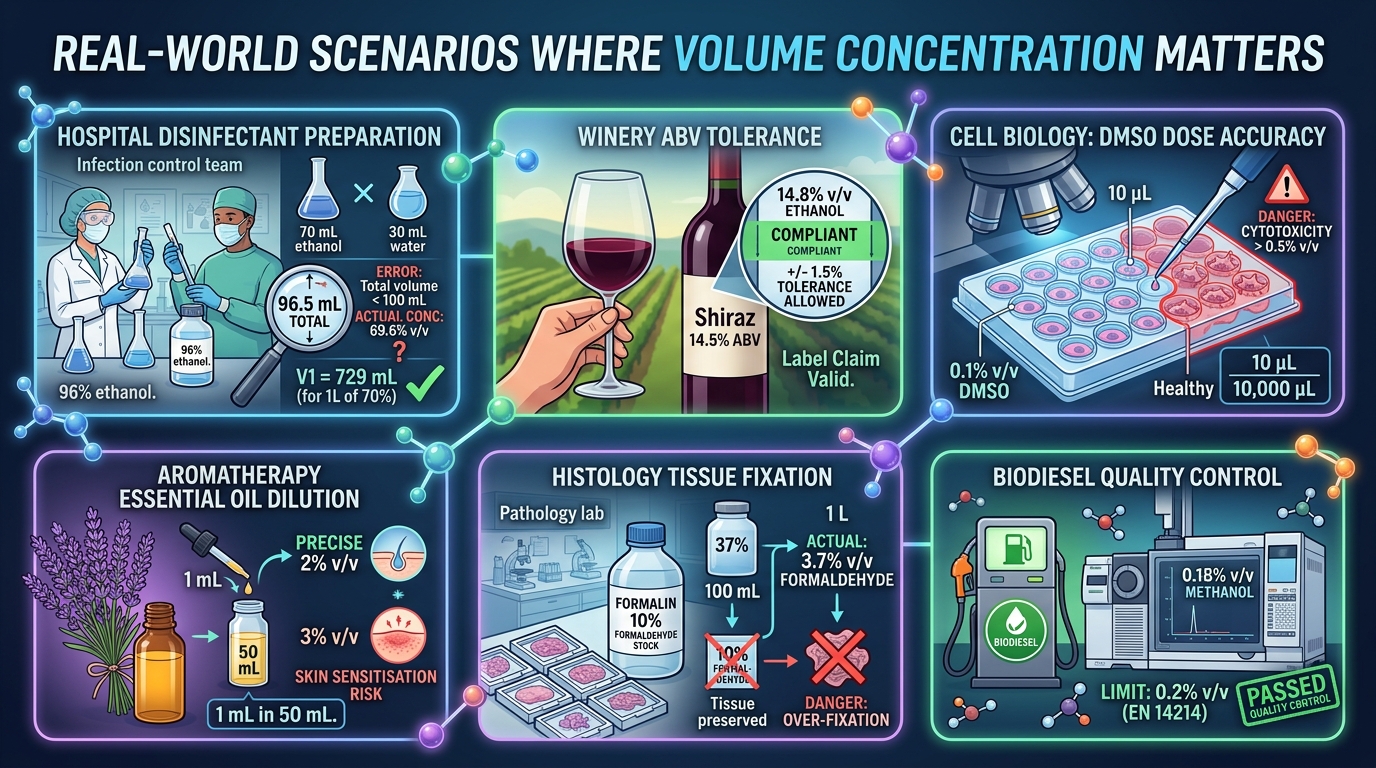 Real scenarios showing volume concentration calculations in laboratory and clinical settings