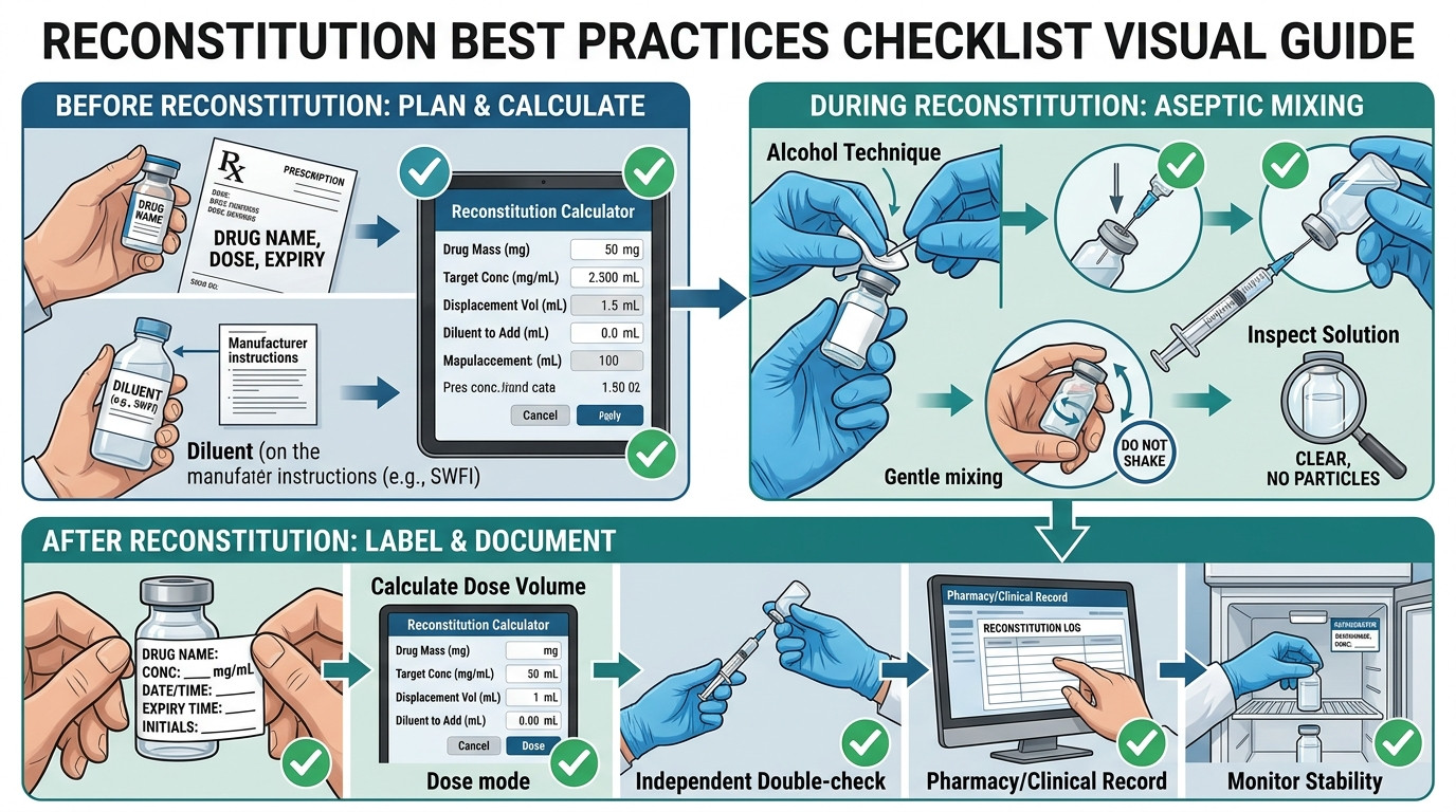Reconstitution best practices with drug vial labelling and aseptic technique