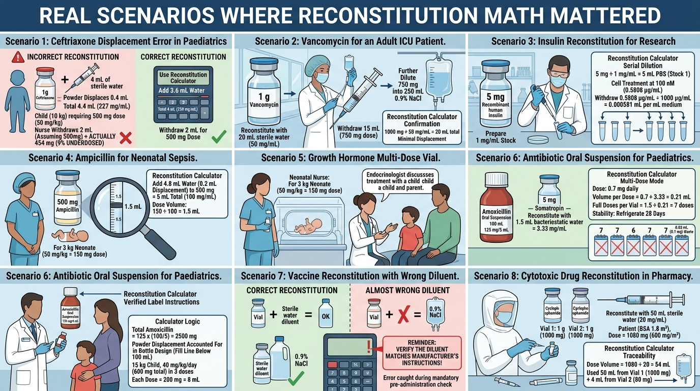 Real clinical scenarios showing reconstitution calculations with drug vials and syringes