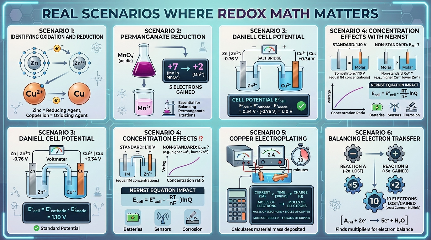 Redox scenarios for oxidation numbers cell potential Nernst equation and electroplating