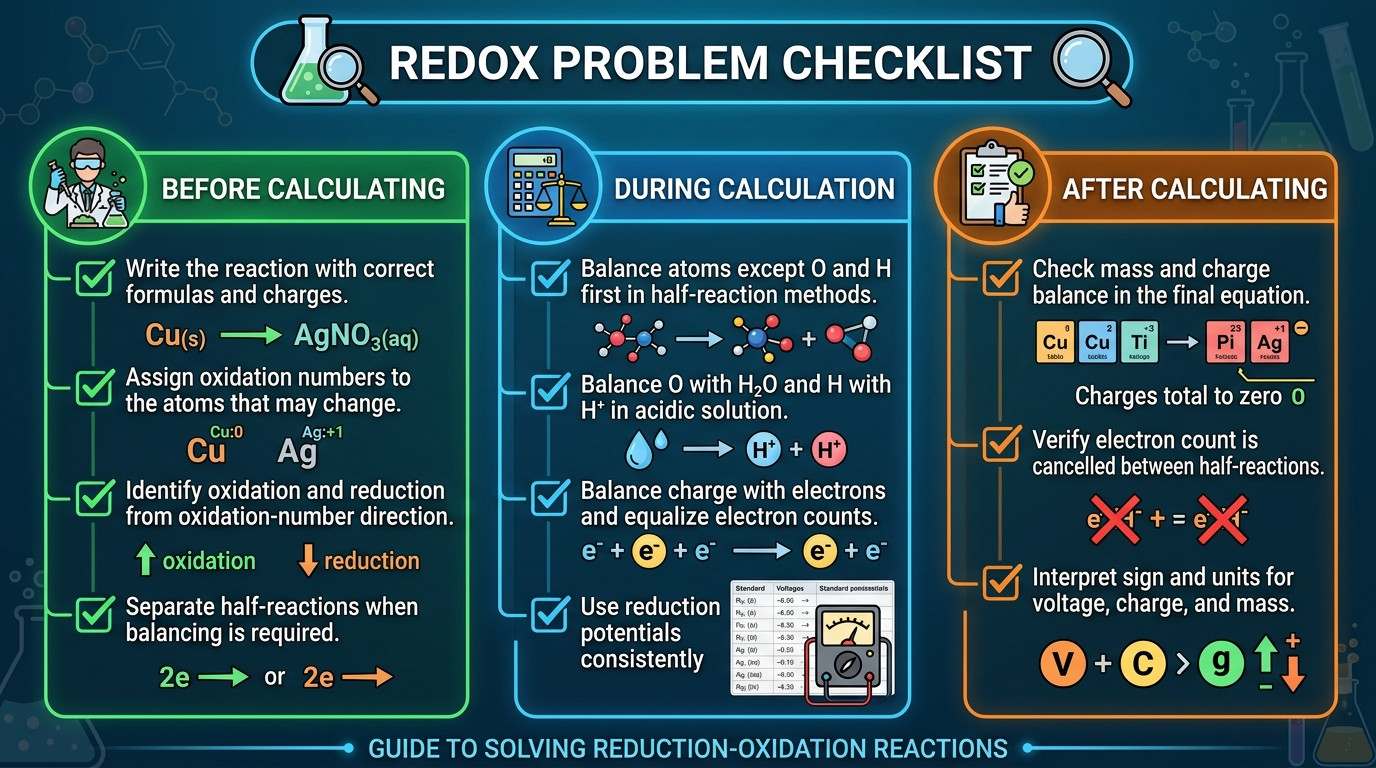Redox checklist for oxidation numbers electron balance Nernst equation and Faraday law