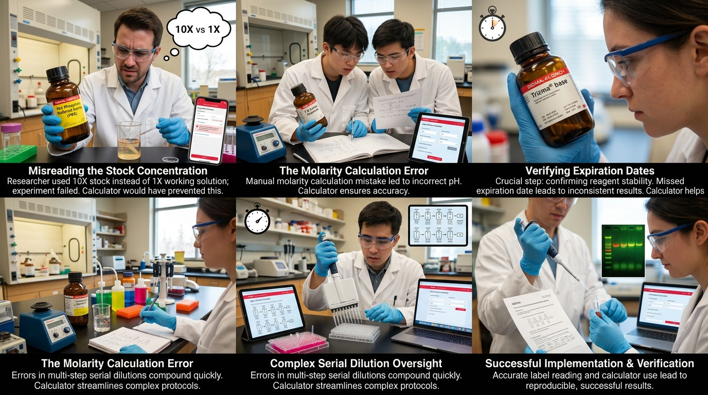Sigma dilution real scenarios showing concentrated acid, solid stock, and antibody dilution situations