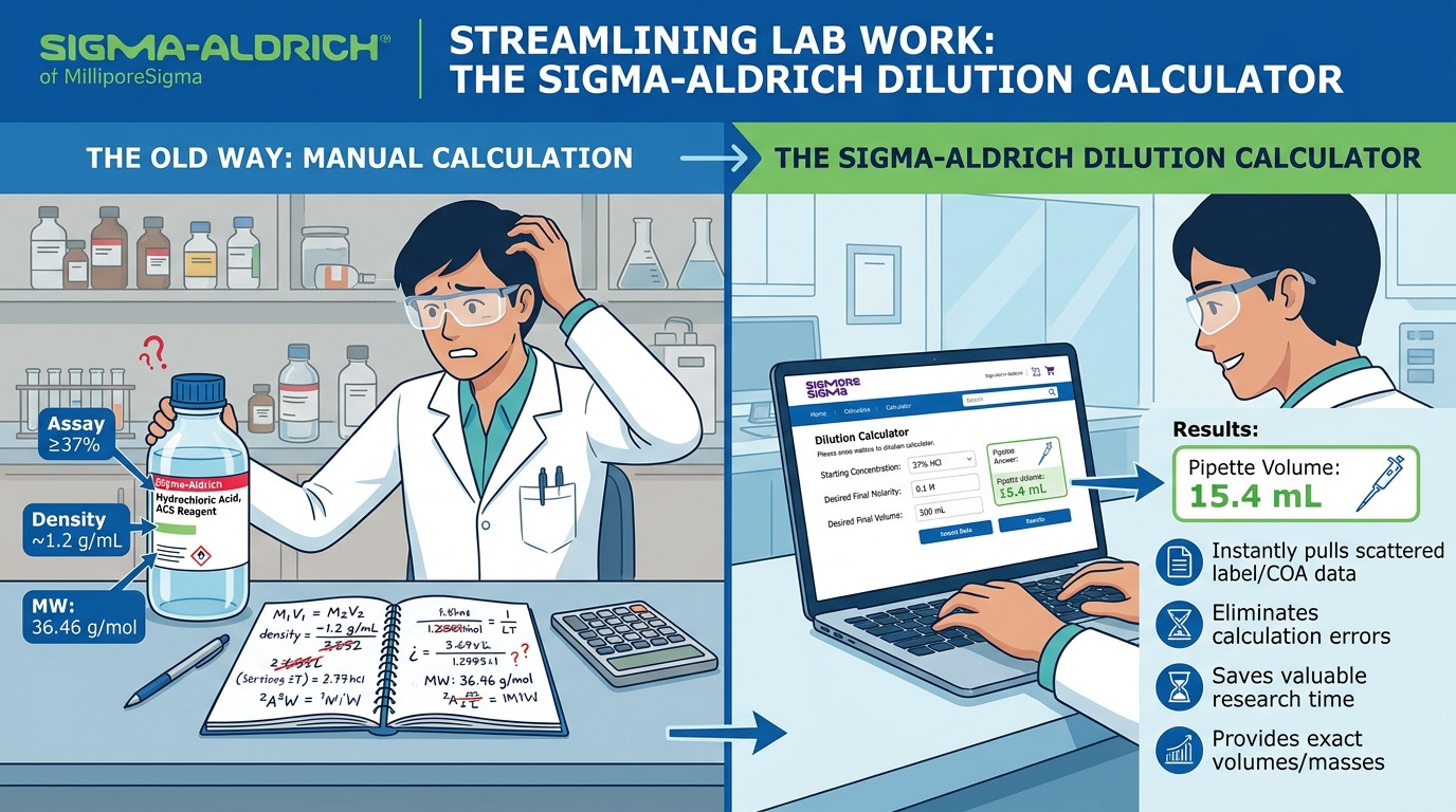 Sigma dilution calculator visualization showing a concentrated Sigma-Aldrich reagent diluted to a working solution