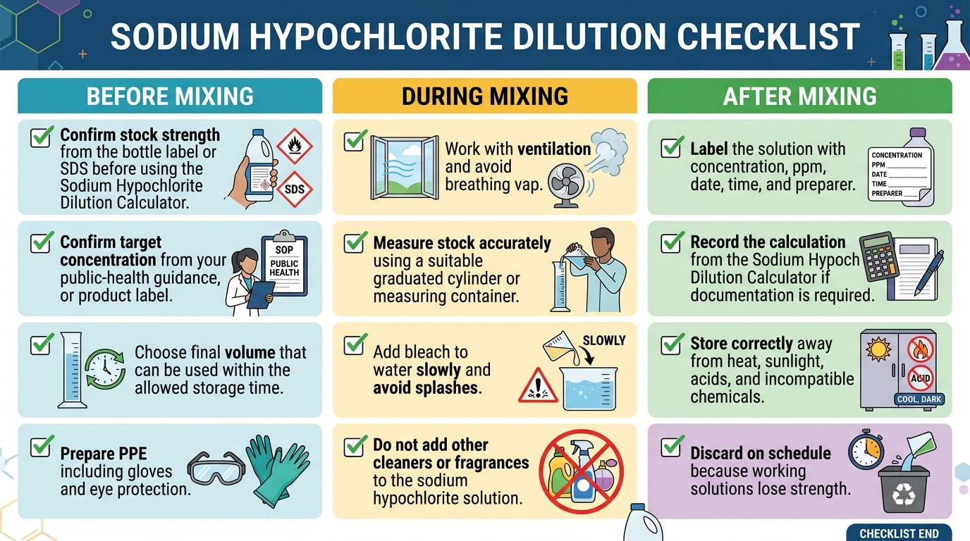 Sodium hypochlorite dilution checklist for safe bleach mixing labeling and storage
