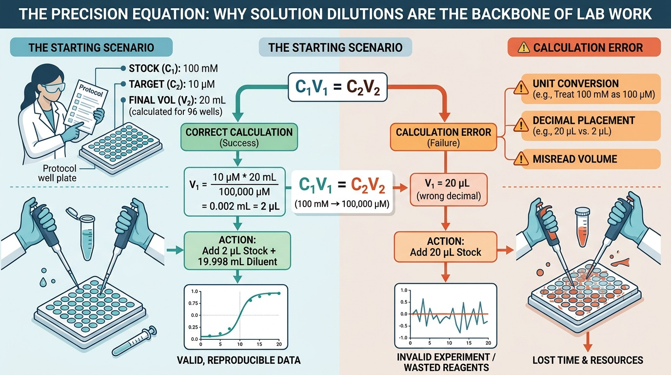 Solution dilution calculator visualization showing C1V1 equals C2V2 dilution principle