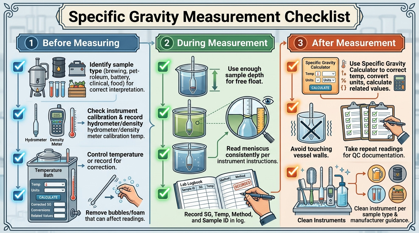 Specific gravity measurement checklist for hydrometer density meter temperature and sample handling