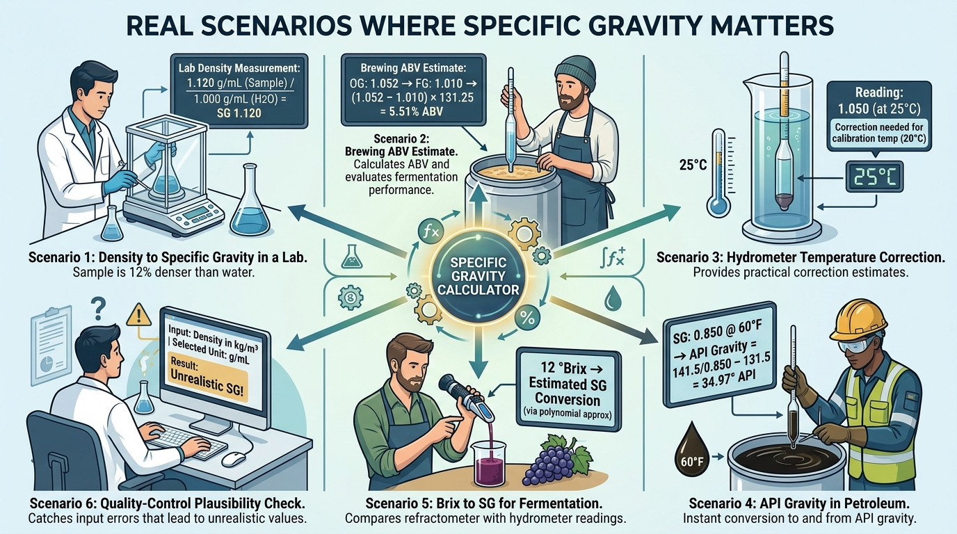 Specific gravity scenarios for brewing API gravity hydrometer correction density and quality control