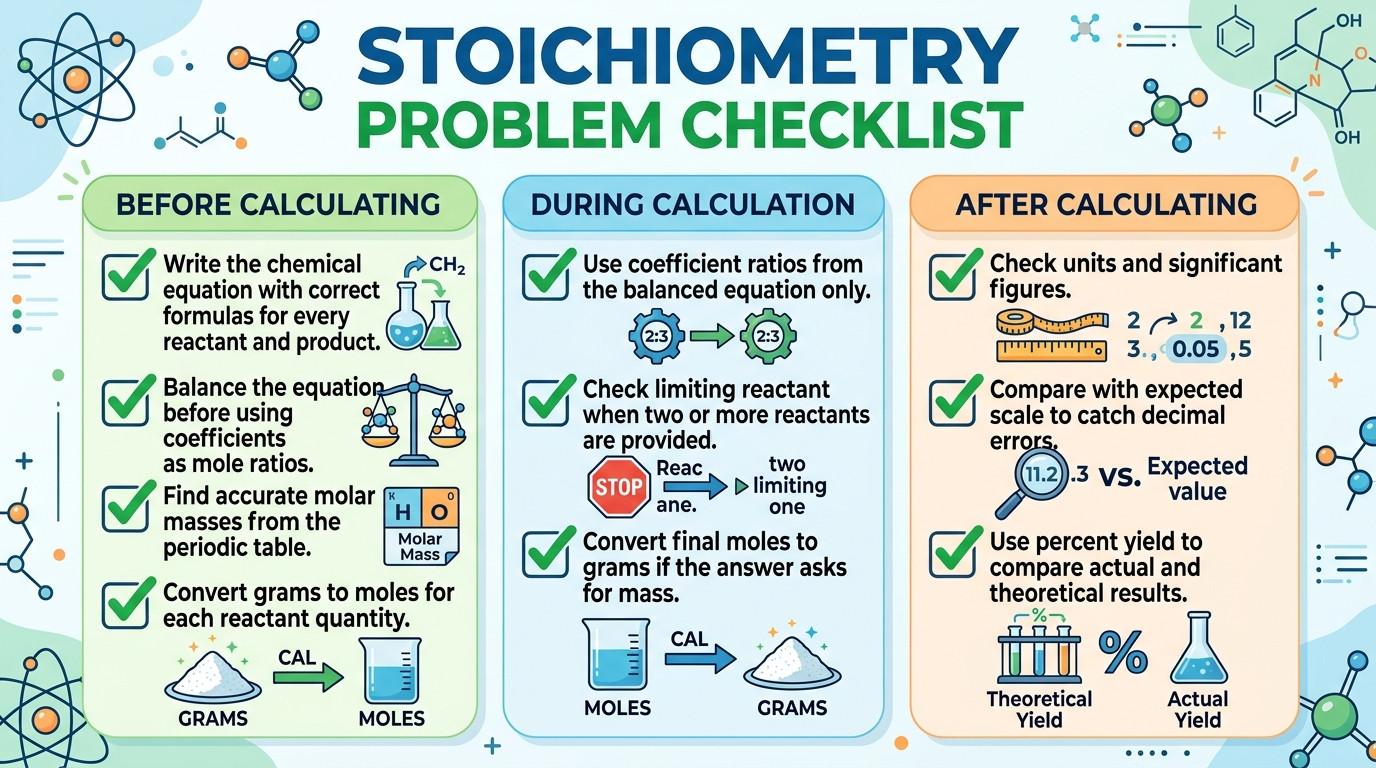 Stoichiometry checklist for balanced equations moles molar mass limiting reactant and yield