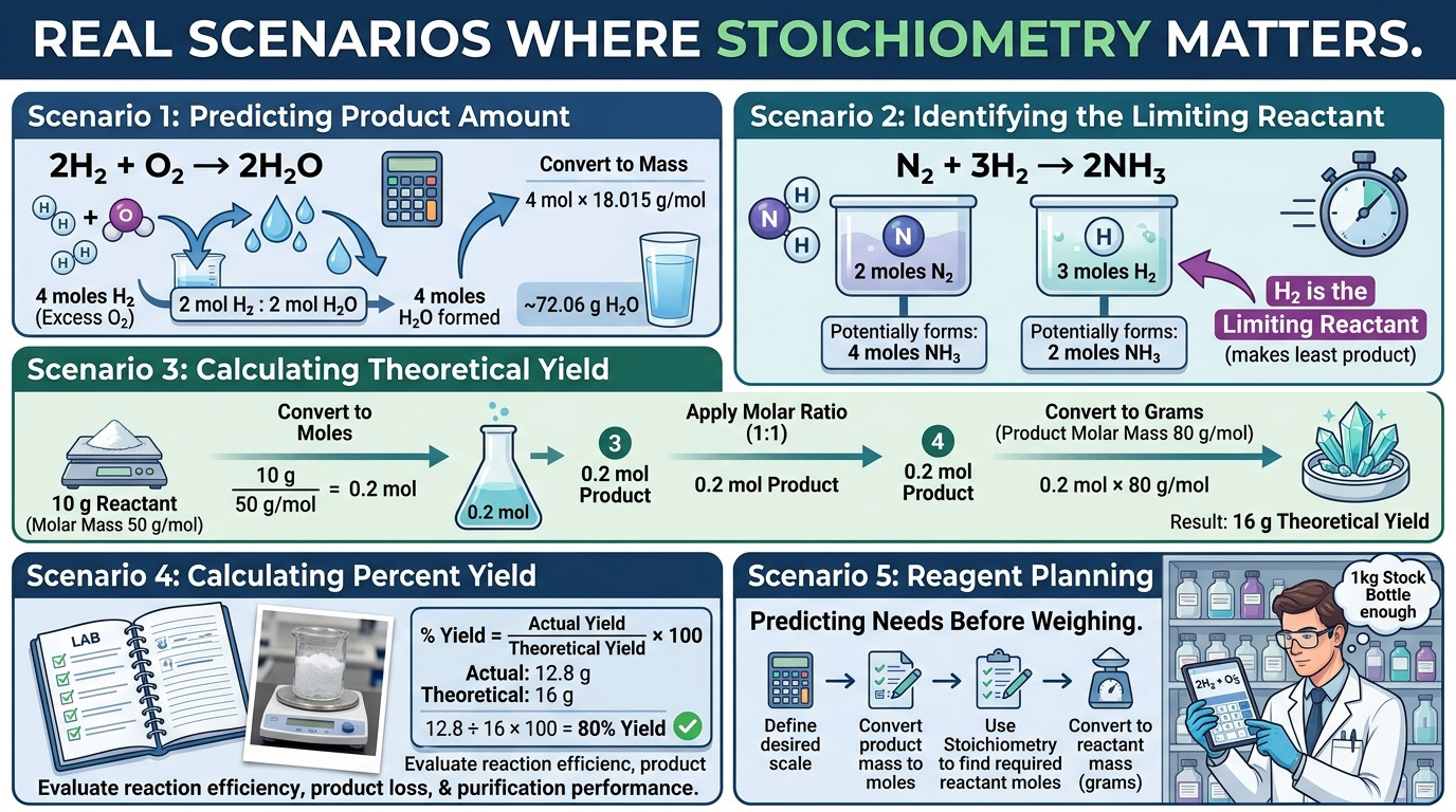 Stoichiometry scenarios for limiting reactant theoretical yield and percent yield calculations