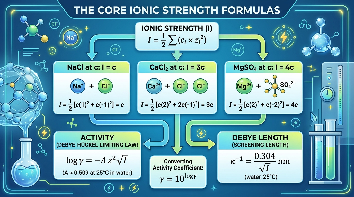 Ionic strength formulas and Debye-Hückel theory with ion diagrams