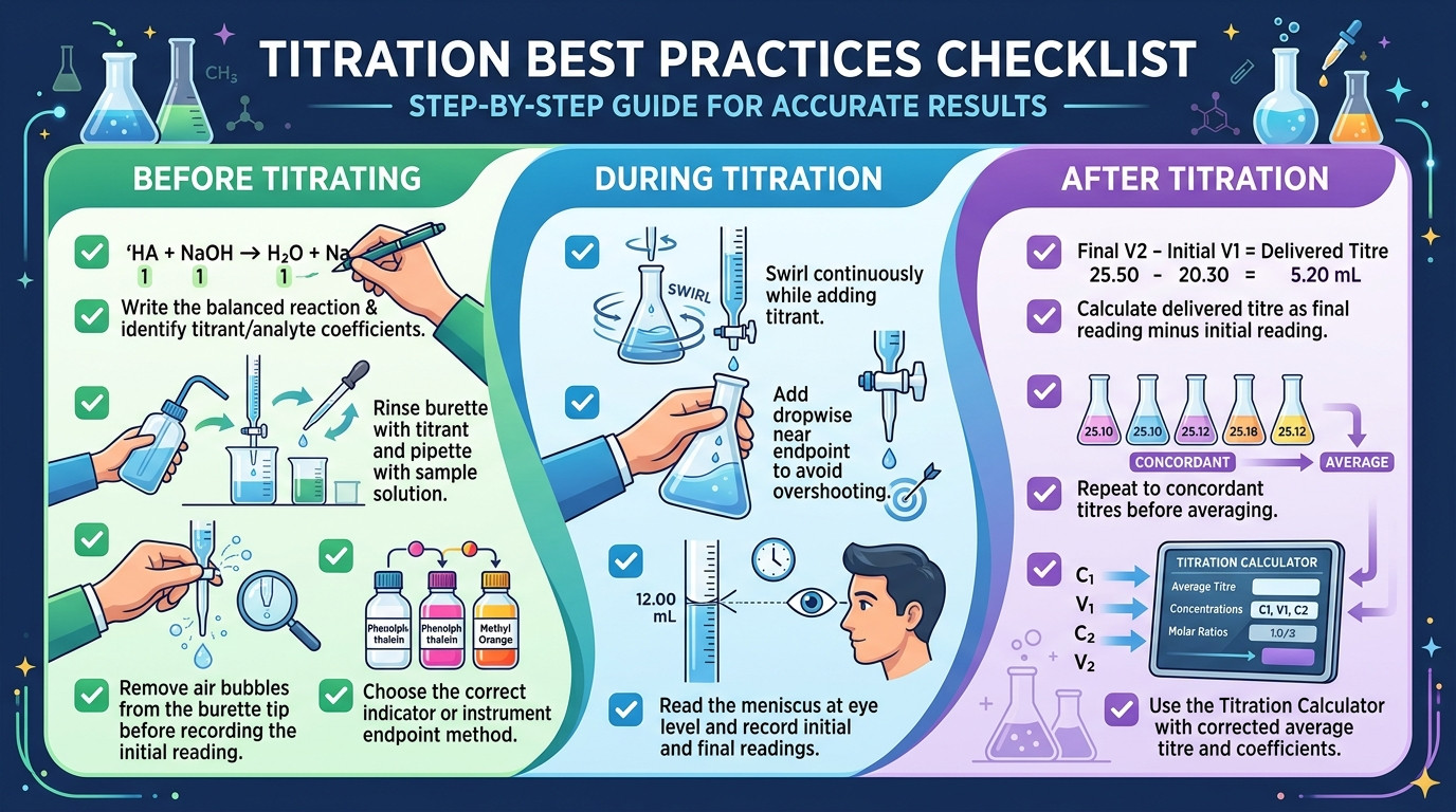 Titration checklist for burette endpoint concordant titres and titration calculation