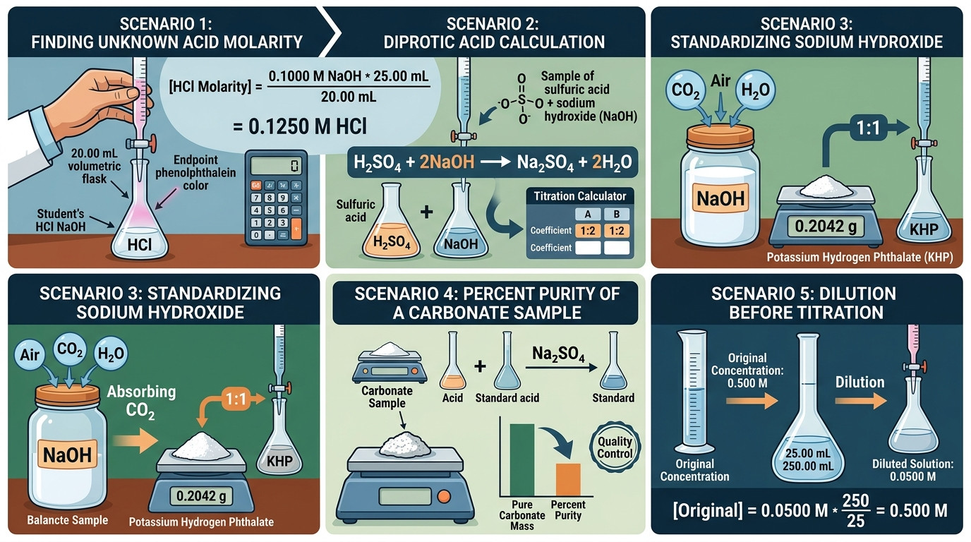Titration scenarios for acid base titration standardization purity and dilution correction