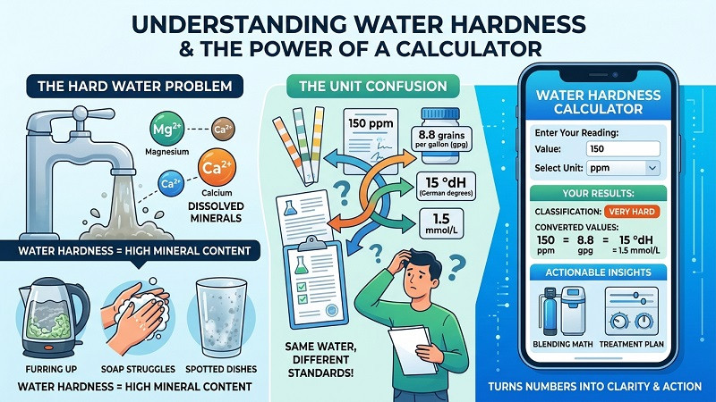 Water hardness calculator illustrated with a glass of clear water and limescale on a tap
