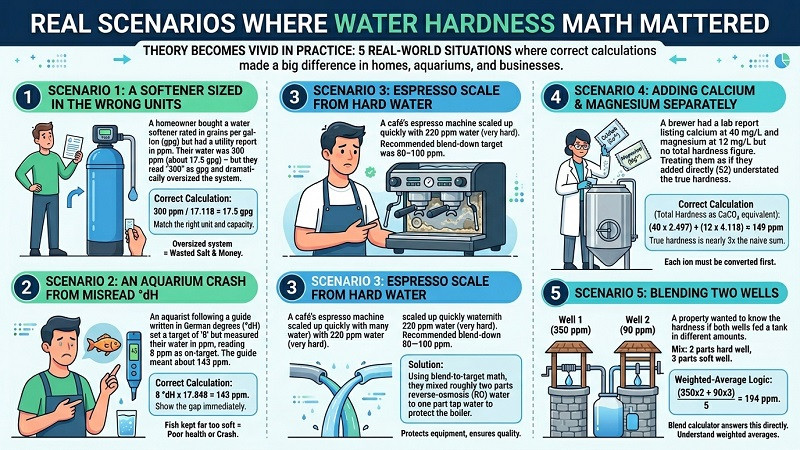 Real water hardness scenarios showing softeners aquariums and espresso machines affected by hard water