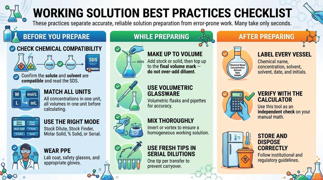 Working solution preparation best practices in a laboratory with labelled bottles