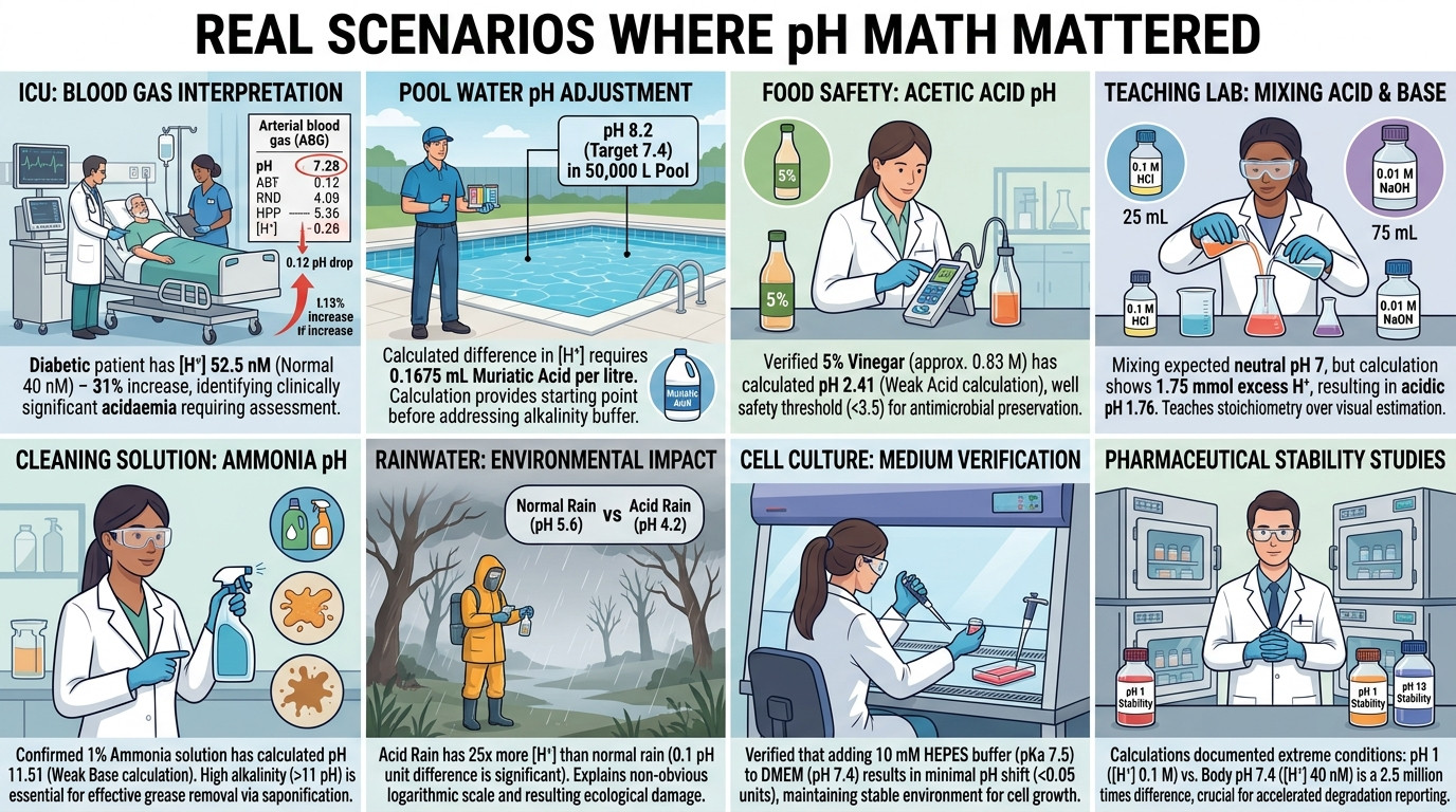 Real scenarios showing pH calculations in clinical chemistry environmental science and food safety