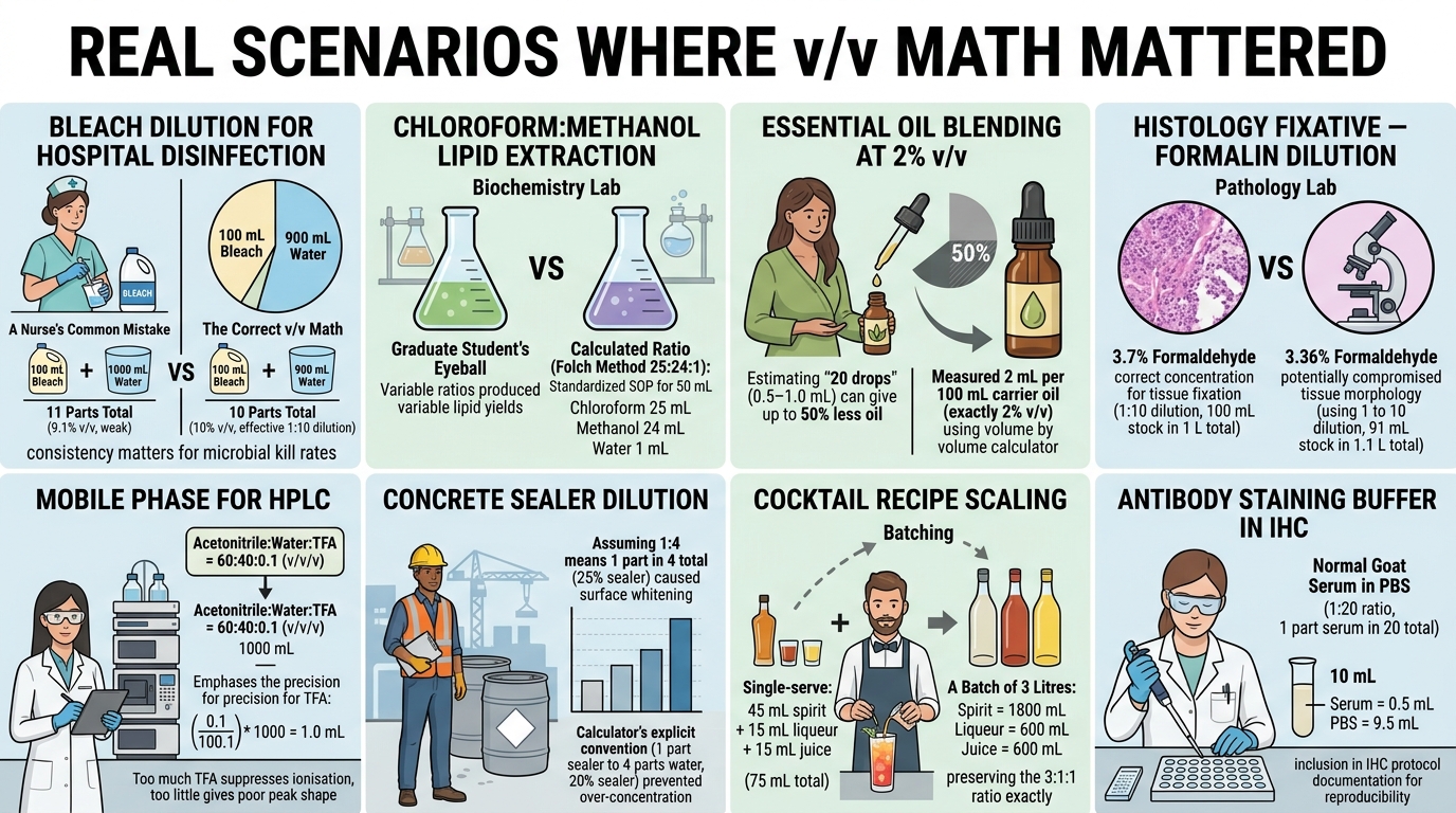 Real laboratory scenarios showing volume by volume ratio calculations
