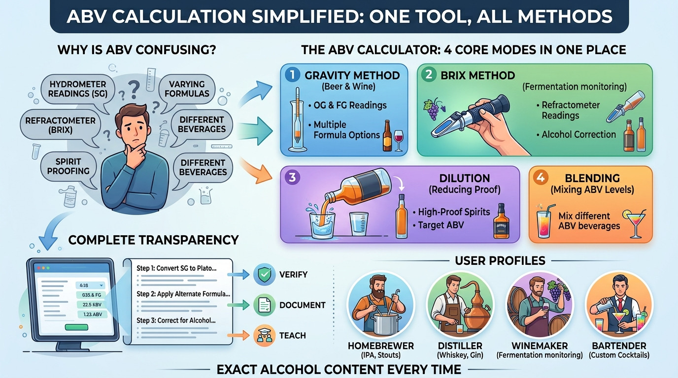 ABV calculator with hydrometer, refractometer, beer, wine, and spirits measurement tools