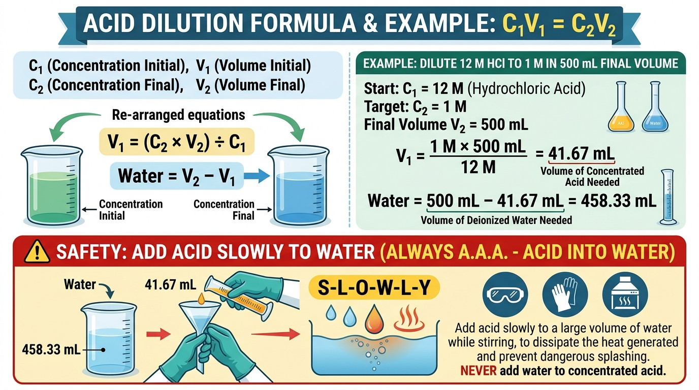 Core acid dilution formulas showing C1V1=C2V2 and safety protocols