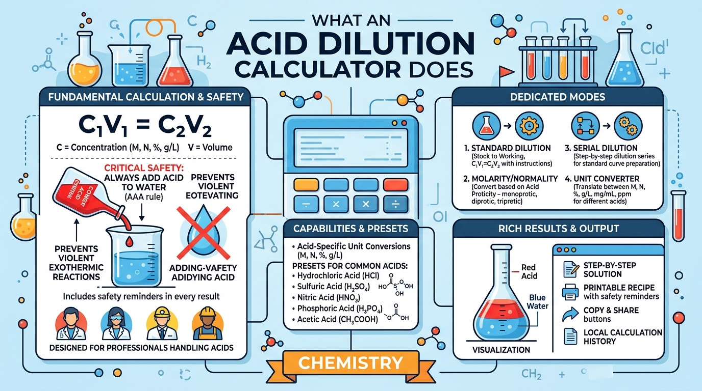 Acid dilution calculator with laboratory glassware showing safe acid-to-water addition