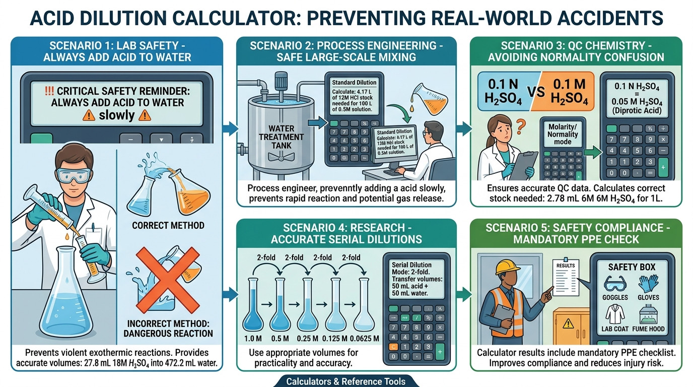 Real acid dilution scenarios showing safe laboratory practices and PPE