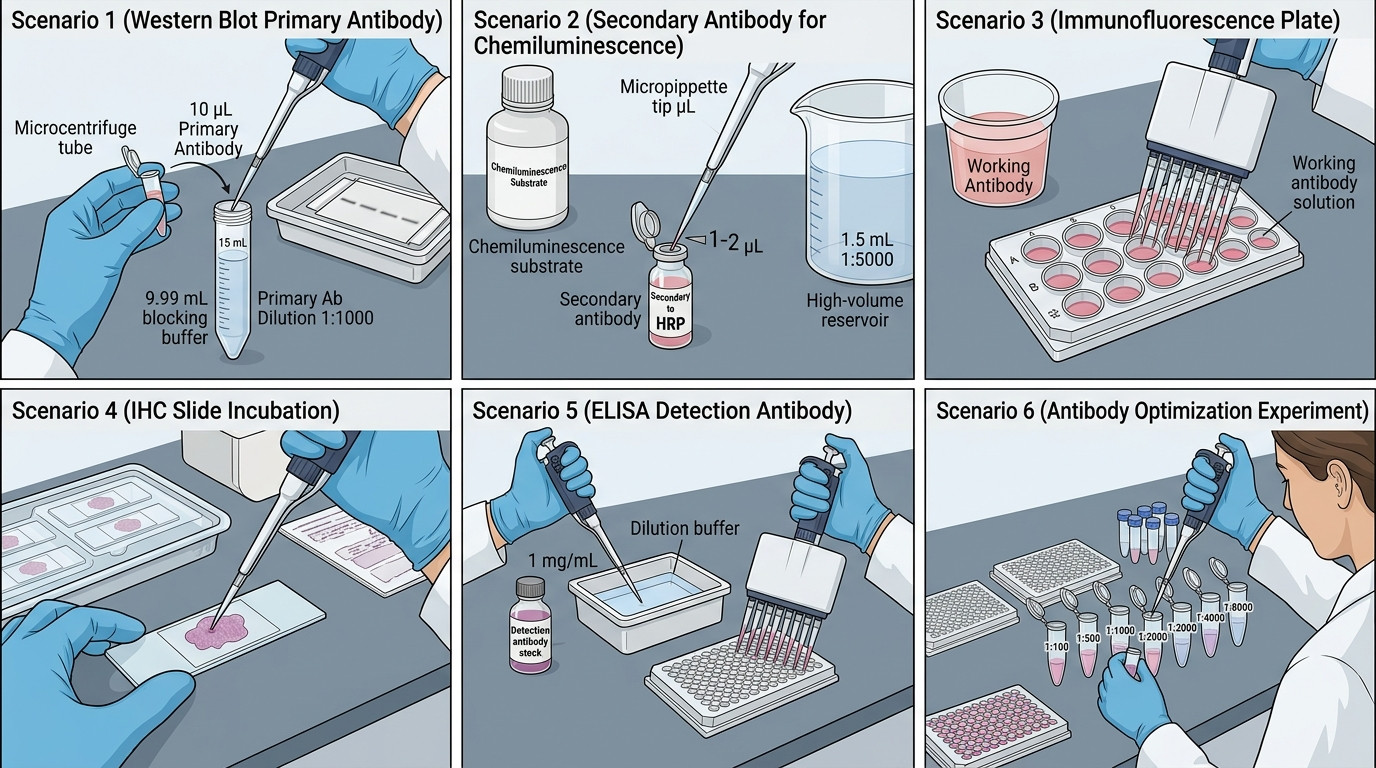 Antibody Dilution Calculator scenarios for western blot ELISA immunofluorescence IHC and titration